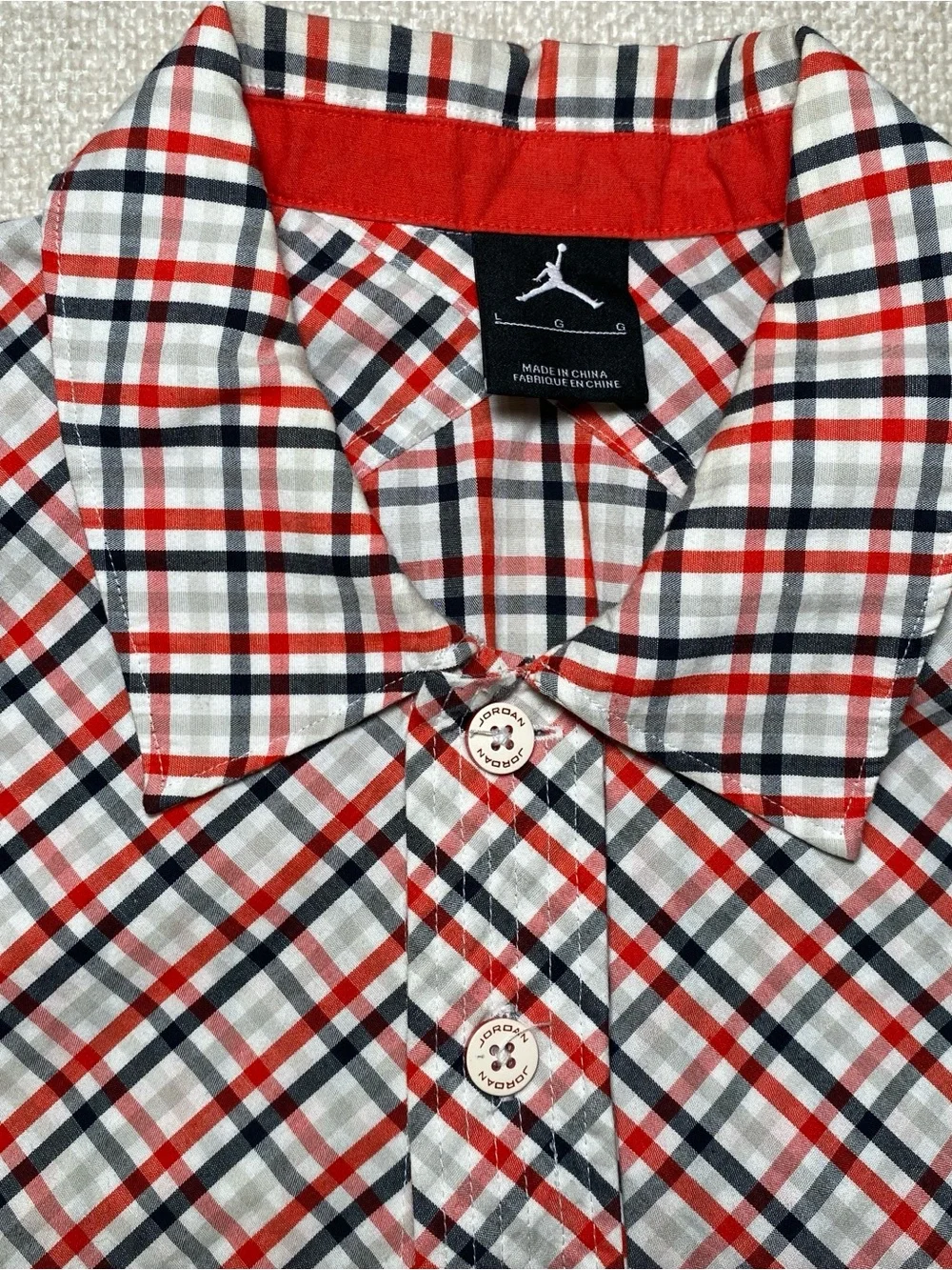 Rare Jordan Short Sleeve Plaid Button Up Shirt Men L Red Black White Streetwear